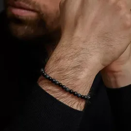 Rebel & Rose Black Rocks Armband aus 6mm schwarzen Naturstein mit Edelstahlverschluss RR-60088-B-M Größe Unisex