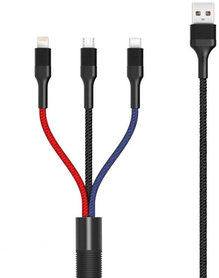 XO 3in1 Nylon Ladegerät Kabel 3A 1.2m Micro USB TYP-C iOS Smartphone-Kabel, (120 cm) schwarz