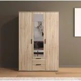 Rauch Möbel ESSEA Drehtürenschrank Kleiderschrank, Garderobe Schrank mit Stauraum, 3-türig, 1 Spiegeltüre, 2 Schubkästen, Spiegel/Glas teilaufgelegt, Farbe Eiche Sonoma, 127x188x52cm