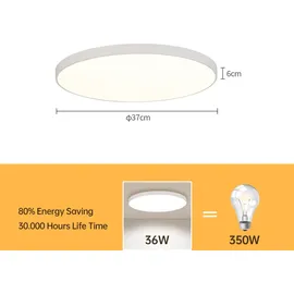 JDONG LED Deckenleuchte 36W Flach Rund Weiß Deckenlampe Modern Warmweiß 3000K Lampe für Schlafzimmer Büro Wohnzimmer Küche Keller Balkon