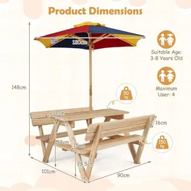 Fantask COSTWAY Kindersitzgruppe mit Sonnenschirm, Picknicktisch mit Tisch & 2 Sitzbänken, für 4 Kinder ab 3 Jahren