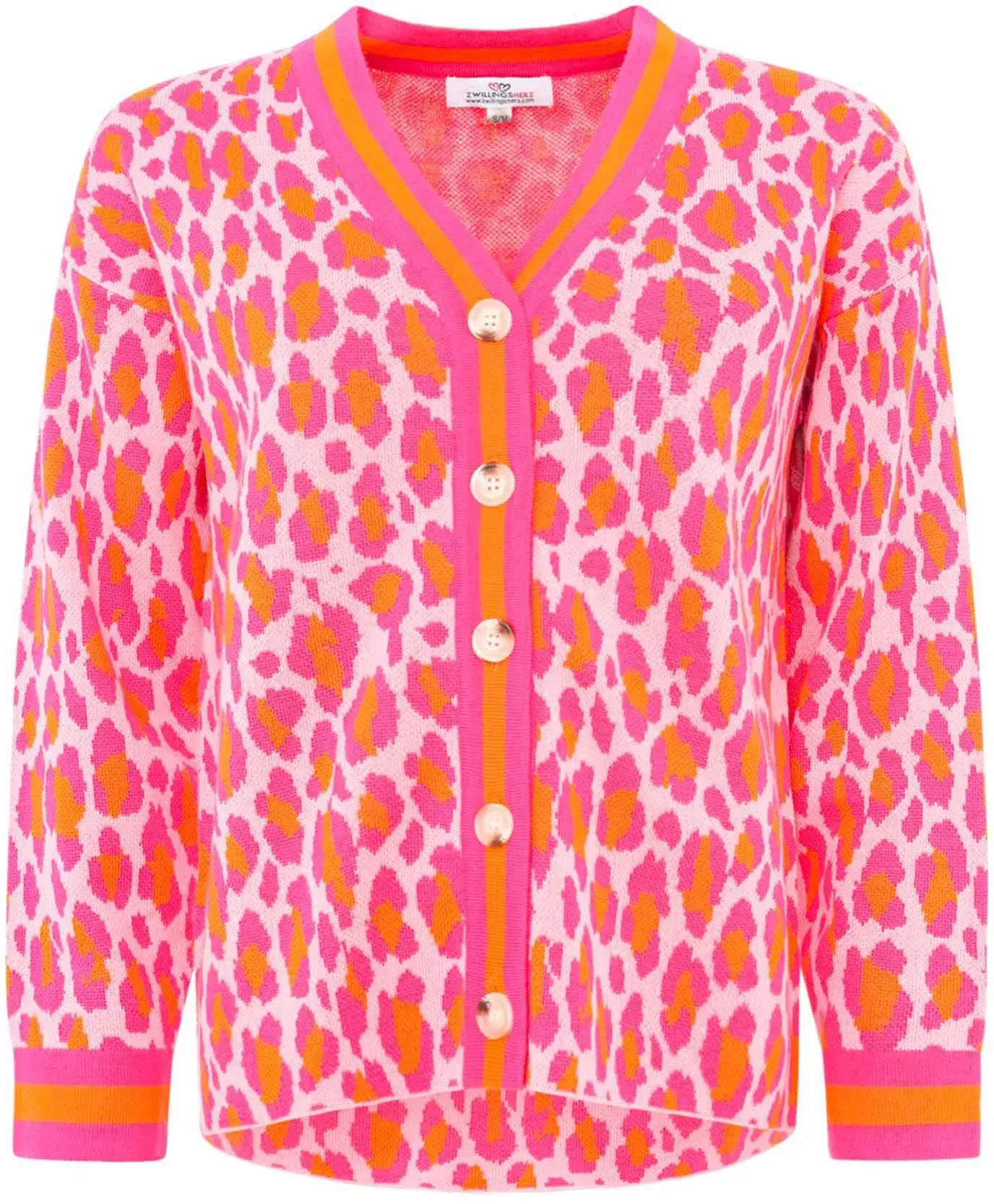 Cardigan ZWILLINGSHERZ ""Leo-Streifen"", Damen, Gr. L/XL, bunt (pink, orange), Obermaterial: 70% Polyacryl, 30% Wolle, modisch, Strickjacken, "Leo-Streifen" mit Knopfleiste, Wollanteil und abgesetzten Bündchen