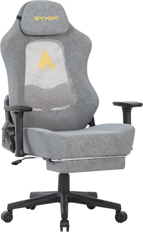 SYMINO Gamerstuhl mit atmungsaktivem Ausschnitt im Rücken, ergonomischer PC-Stuhl mit 12° Kippfunktion, Gamingsessel mit 3D-Lendenwirbelstütze, vintage PU-Leder 90-155°, grau