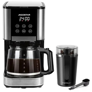 Aigostar Kaffeemaschine mit Mahlwerk Elektrische Kaffeemühle 60g 200W/ Filterkaffeemaschine 1,5L 1000W, Korbfilter, Programmierbar 24h, Tropf-Stopp, AutoClean, Warmhaltefunktion schwarz
