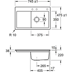 Villeroy & Boch flächenbündige Keramikspüle, inklusive Ablaufgarnitur mit Handbetätigung, Subway 45 flat Crema Beige745x475mm