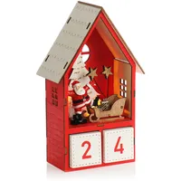 COM-FOUR® LED Adventskalender aus Holz - Würfelkalender in Haus-Form - dekorativer Tischkalender als Countdown bis Weihnachten - beleuchteter Holzblockkalender (LED- Haus - rot)