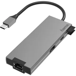 Hama (Multiport 5 Ports 2X USB-A, USB-C zur Übertragung von Daten und zum Laden mit PD, USB C Adapter 5in1 für Büro, Homeoffice) Alu