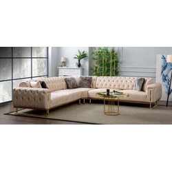 Casa Padrino Luxus Ecksofa Creme / Braun / Gold 290 x 290 x H. 85 cm - Wohnzimmer Sofa mit Schlaffunktion - Wohnzimmer Möbel - Luxus Möbel - Möbel Luxus - Wohnzimmer Einrichtung - Luxus Einrichtung