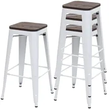 Mendler 4er-Set Barhocker  Holz-Sitzfläche Metall Industriedesign stapelbar Weiß