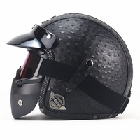 Leder Jethelm Retro Helm Motorradhelm Unisex Vintage, Rollerhelm Mopedhelm Pilot Chopper Helm mit Brille und Maske, ECE Genehmigt Jethelm Für Damen Und Herren - M~XXL