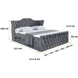altdecor Boxspringbett VILA-Z, Polsterbett mit Kopfteil, Bettkasten, Fußteil - Hart (H4) Matratze - 180x200 - Dunkelgrau Samt - Dunkelgrau