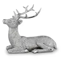 Große Liegende Silber Deko Hirsch Figur & Geweih - Weihnachten Wildfigur 16 cm