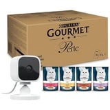 PURINA GOURMET Perle Erlesene Streifen in Gelee, 96 Portionsbeutel Katzenfutter nass + Blink Mini – Kompakte, smarte Plug-in-Überwachungskamera für innen, 1080p-HD-Video, Nachtsicht, Zwei-Wege-Audio