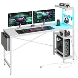 Bestier 155CM Eck-Computertisch mit Steckdosen Computertisch mit LED-Leuchten Umkehrbarer Schreibtisch mit Seitentasche Aufbewahrungstasche & Zubehöraufhänger für Home Office Small Space Weiß