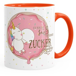 MoonWorks Tasse Tasse mit Innenfarbe Einhorn auf Donut Ich bin so süß ich könnte Zucker pupsen Unicorn mit Innenfarbe MoonWorks®, Keramik orange