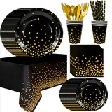 Party Geschirr Schwarz Gold,193pcs Schwarzgoldenes Geburtstag Party Geschirr-Pappteller Schwarz Gold Servietten etc Schwarz und Gold Partygeschirr