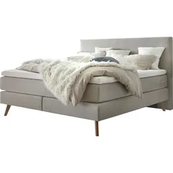 Boxspringbett HASENA "Costa", grau (grau, eiche bianco), B:188cm L:210cm, Komplettbetten, Boxspringbett, Massivholz-Füße in Eiche und Tonnentaschen-Federkernmatratze