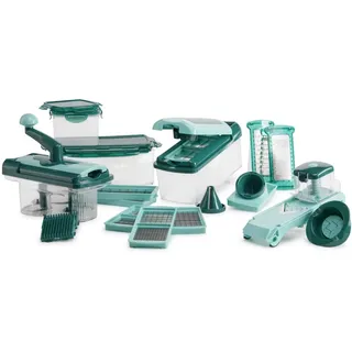 Genius Nicer Dicer Fusion Julietti | 34 Teile | Schneiden | Reiben | Julienne | Spiralen | Hobeln | Würfeln | Obst- und Gemüseschneider | Bekannt aus TV | NEU, Mintgrün