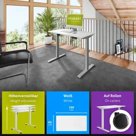 eSmart Germany ETX-121GW 100x60cm Weiß Ergonomischer Steh-Sitz-Schreibtisch auf Rollen Stufenlos elektrisch höhenverstellbar 78,5-128,5cm 3X Memory Aktivitätserinnerung Soft-Start/Stopp