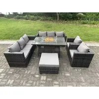 Fimous Polyrattan Gartenmöbel Set Gas Feuerstelle Esstisch Sofa Set mit Lehnstuhl Hockern