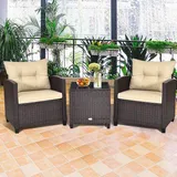 Goplus 3er Set Sitzgruppe, Rattan Gartenmöbel aus 1 Tisch & 2 Stühlen, Lounge Set mit Sitzkissen, Tischplatte aus Glas, für Balkon Garten - Goplus