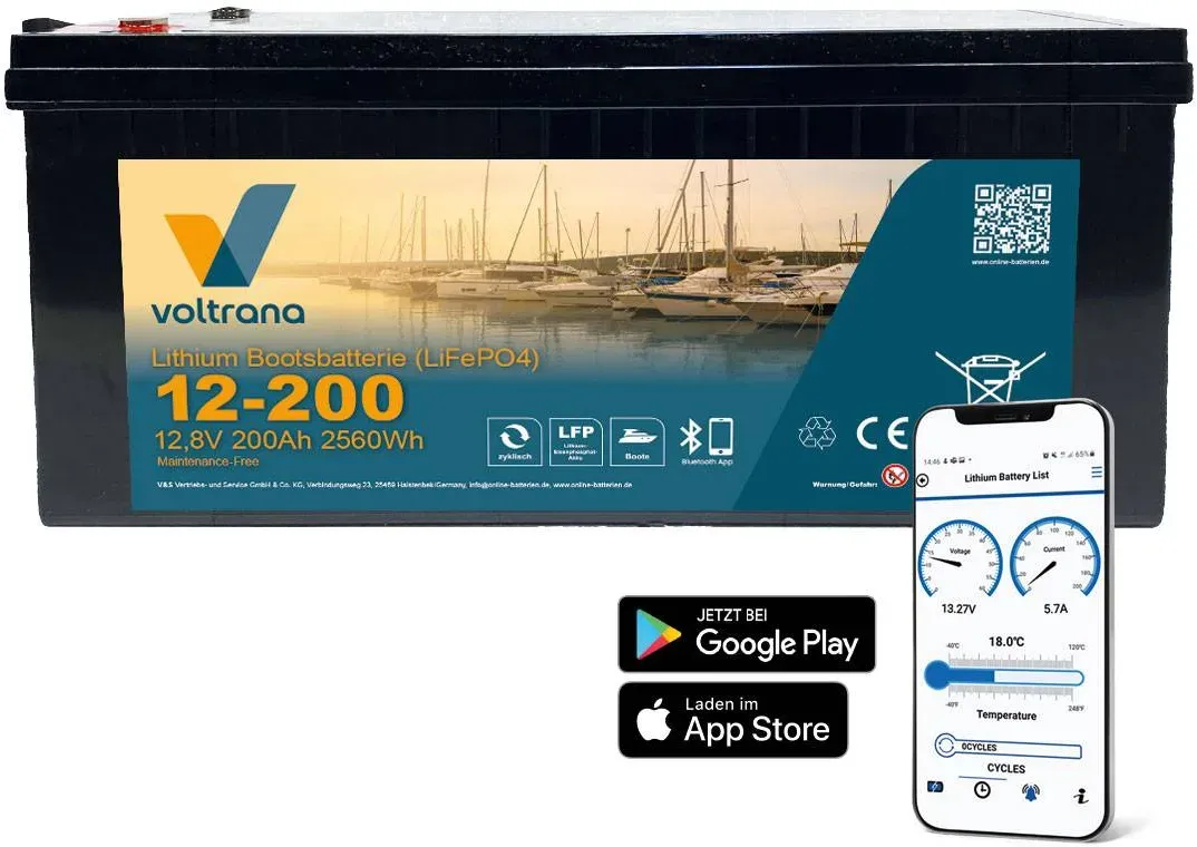 Lithium Bootsbatterie 12,8V 200Ah 2560Wh M8 mit Bluetooth & Heizung – Voltrana L...