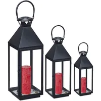 Relaxdays Kerzenständer-Set Laternen 3er Set Metall/Glas Schwarz