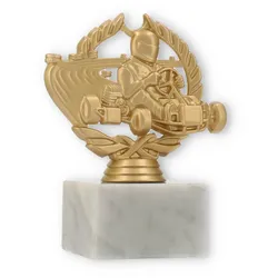 Pokal Kunststofffigur Go-Kart im Kranz goldmetallic auf weißem Marmorsockel 13,5cm