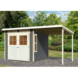 Gartenhaus KARIBU "Falkensee 4", grau (terragrau, elfenbeinfarben, naturbelassen), ohne Fußboden, ohne Dacheindeckung, Holzwerkstoff, Gartenhäuser