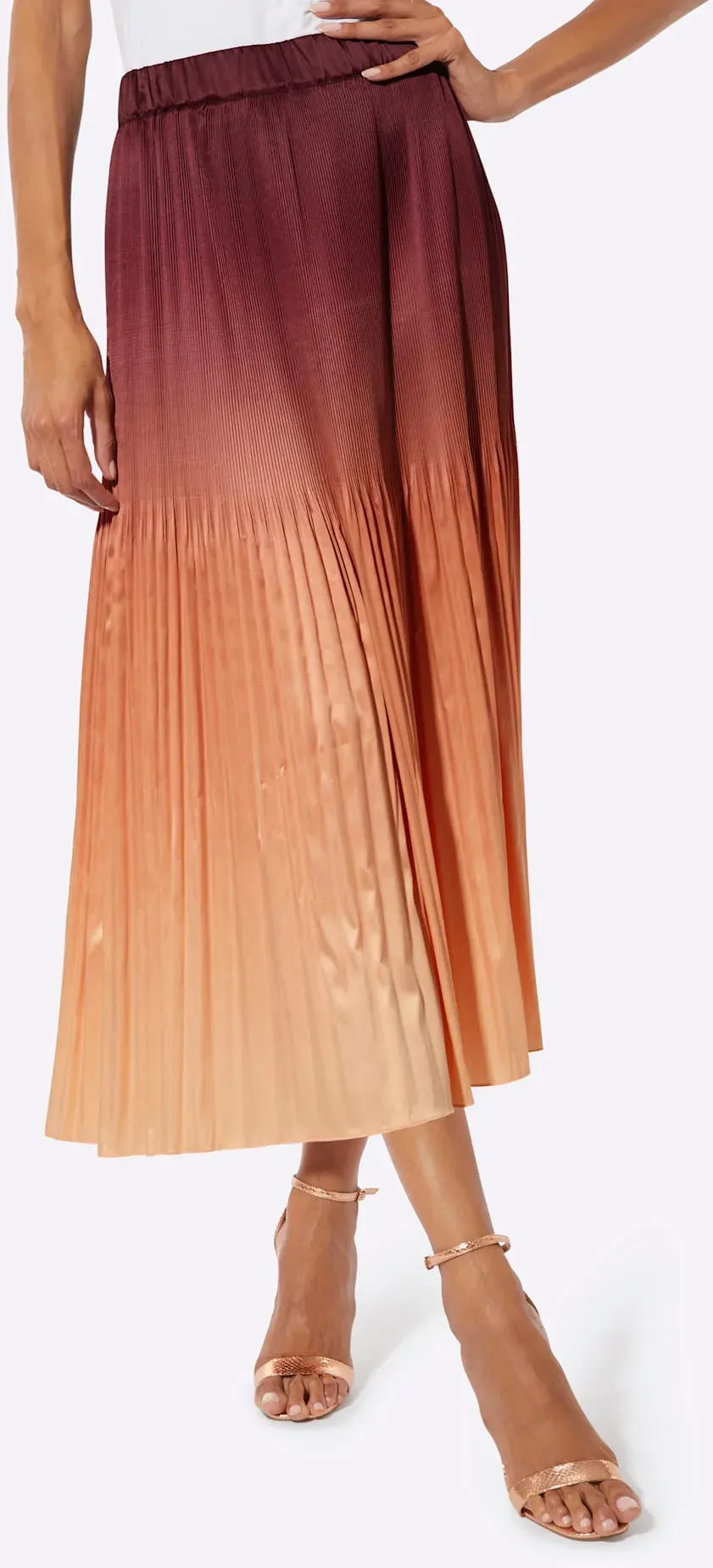 Plisseerock CREATION L, Damen, Gr. 19, burgund, apricot, bedruckt, 97% Polyester, 3% Elasthan, bedruckt, gemustert, mehrfarbig, lang, Röcke
