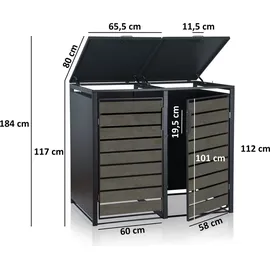 Zelsius Mülltonnenbox für zwei Mülltonnen Anthrazit ral 7016 Tür in dunkelgrauer Holzoptik