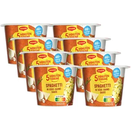 MAGGI 5 Minuten Terrine Spaghetti in Käse-Sahne-Sauce, leckeres Fertiggericht, Instant-Nudeln, mit würzigem Speck & Parmesan, 8er Pack (8 x 62g)