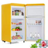 Merax Retro Doppeltür-Kühlschrank: Stilvoll, energiesparend mit 72L und 21L Volumen, LED-Licht - Gelb
