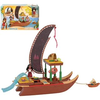 Mattel Disney Vaiana 2 Spielzeuge, Vaianas Abenteuerkanu-Spielset mit kleiner Vaiana-Puppe, 1 Charakterfreund, 6 Spielbereichen und 10 Zubehörteilen, JBT78