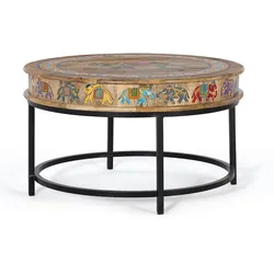 Couchtisch Beistelltisch aus Metall und Holz mit Elefanten Motiv