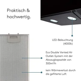 Wiggo Dunstabzugshaube 60cm kopffrei I Abluft Umluft Dunstabzug 300m3/h - LED Touch-Display 3 Stufen I Schräghaube inkl. Fettfilter & 2x Kohlefil...