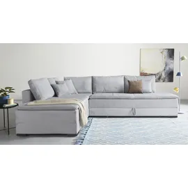 Home Affaire Ecksofa HOME AFFAIRE "Night & Day L-Form, B: 321 cm, mit Dauer-Schlaffunktion 180x200 cm", grau (hellgrau), B:321cm T:218cm, 100% Polyester, Sofas, Ecksofa, Bettfunktion, Bettkasten, Topper & 3 Zierkissen, Boxspringbett in Cord