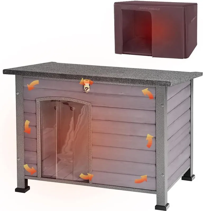 Aivituvin Hundehütte für drinnen und draußen, winterfeste Holzhundehütte, geeignet für kleine, mittelgroße und große Hunde, einzigartiger vollständig umschlossener Stahlrahmen (Grau, L mit Isolierung)