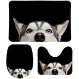 3-teiliges Badezimmerteppich-Set Sibirischer Husky Hund Schwarz rutschfeste Konturmatte + WC-Deckelbezug + Badematte