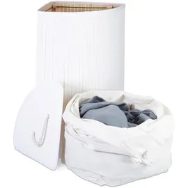 Relaxdays Eckwäschekorb Bambus, faltbare Wäschebox 60 l, platzsparend, Wäschesack Baumwolle, 65 x 49,5 x 37 cm, weiß