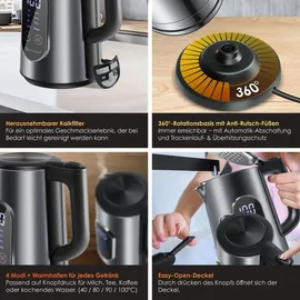Kesser KESSER® Wasserkocher Edelstahl 1.7 Liter LED-Anzeige 4-Modi Temperatureinstellung 40°C-100°C 30min Warmhalten elektrischer Teekocher 2200W BPA-Frei Kalkfilter | Easy-Open-Deckel