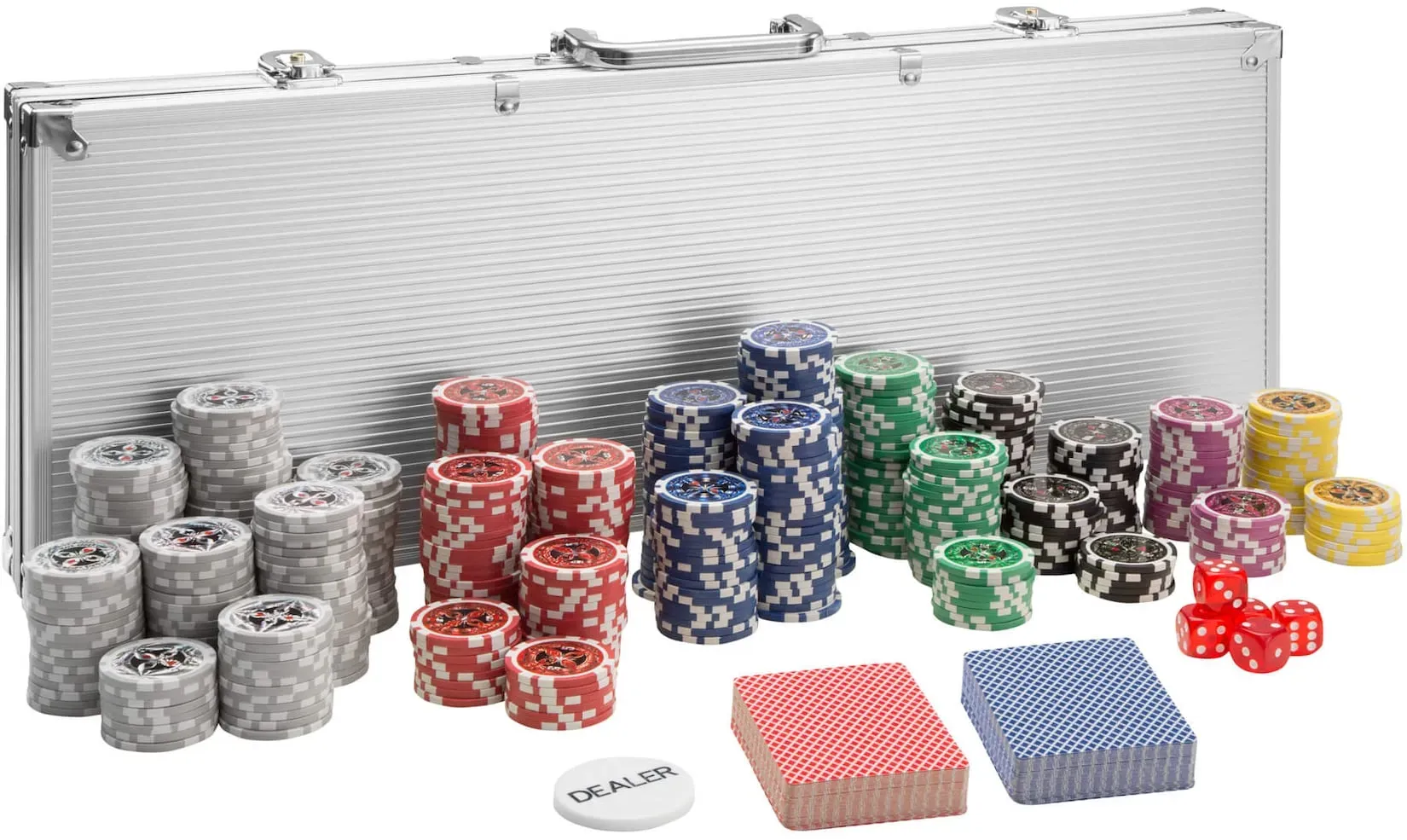 tectake® Pokerset, 500 farbige Chips, 5 Würfel, inklusive verschließbarer Aluminiumkoffer