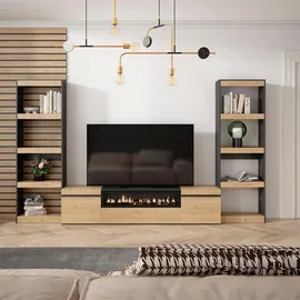 SKRAUT HOME Wohnwand, Elektrokamin, eiche, schwarz, 320/35/186cm