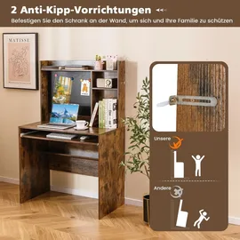 Costway 89x50x138 cm Schreibtisch mit magnetischer Pinnwand, Kleiner Computertisch mit Aufsatz, Tastaturablage & Verstellbarer Ablage, PC-Tisch, Braun - Braun