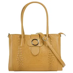 Cluty Damen Leder Shopper Kroko Optik – Gelb, Made in Italy