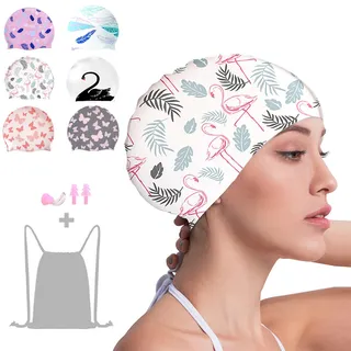 Crazy Bean Silikon Badekappe Damen Schwimmkappe mit Ohrstöpsel und Nasenklemme Dehnbare Bequeme für langes Haar Mode Swim Cap(Flamingo-Weiß)