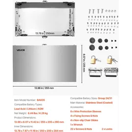 Vevor Batteriekasten, Gruppe 24/31 Batteriebox, Marinebatteriegehäuse mit Schloss, Griffen & Gummitüllen-Kabellöchern, Edelstahlgehäuse, geeignet für Autos, Boote & Trolling-Motoren