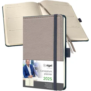 Sigel C2554 Wochenplaner Wochenkalender 2025, Lederoptik, ca. A6, beige, Hardcover, 176 Seiten, Gummiband, Stiftschlaufe, Archivtasche, aus nachhaltigem Papier, Conceptum