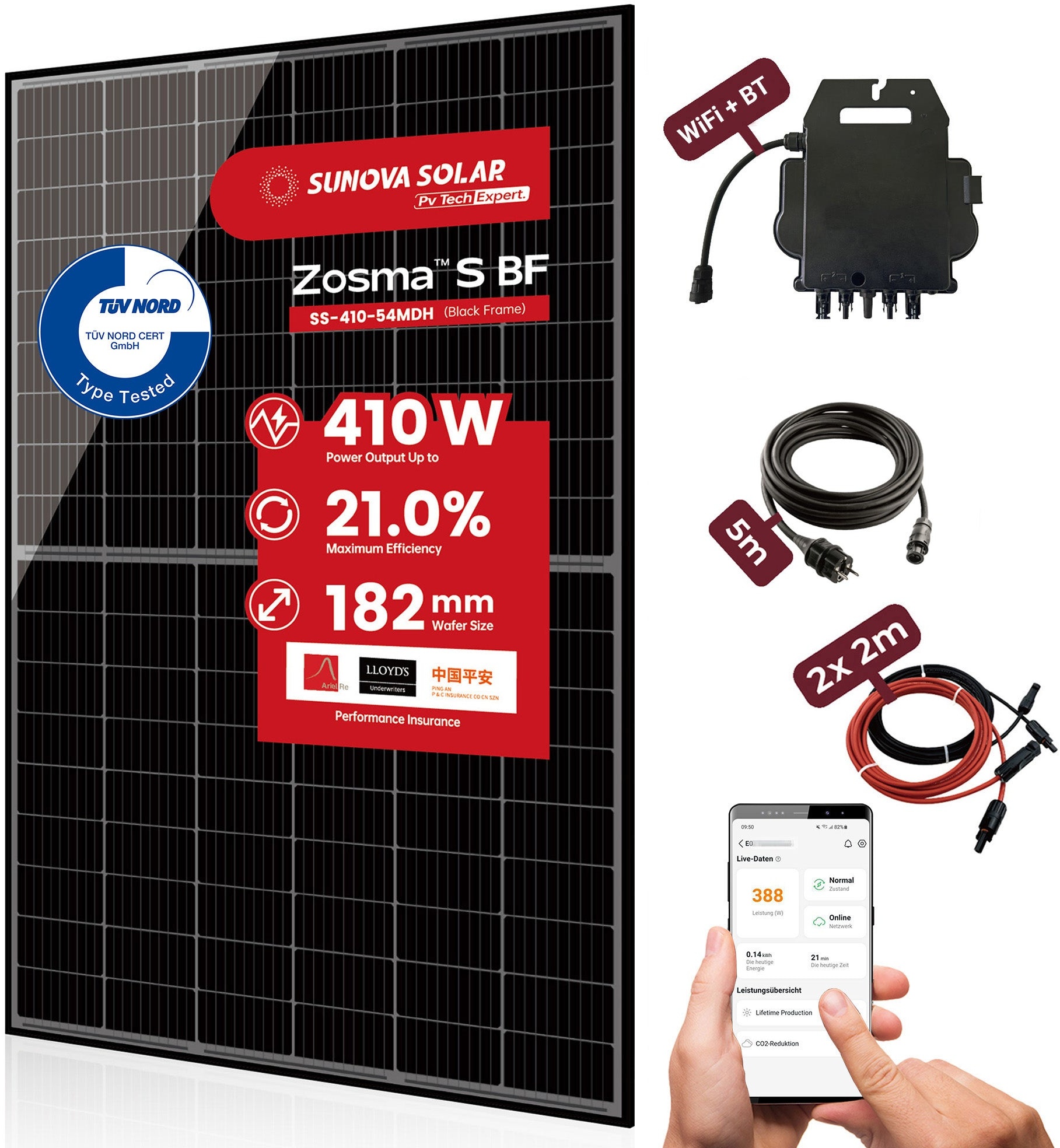 Balkonkraftwerk mit 1x410W Solarmodule der Marke Sunova Solar SS-410-54MDH, 800W Wechselrichter APsystems EZ1-M, 5m Schukokabel, 2 x 2m DC Kabel, ohne Halterung