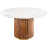 riess-ambiente Esstisch GATSBY Ø140cm weiß Marmor rund – Mangoholz Säulenfuß, goldene Blende (Einzelartikel, 1-St), Massivholz mit edler Steinplatte, Platz für 6 Personen, Retro Design weiß